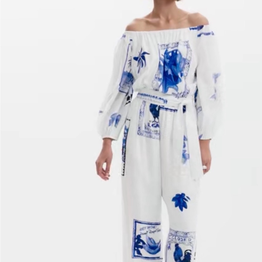 Desigual POSTCARD PRINT JUMPSUIT Off-Shoulder Jumpsuit in Blue and White. Sz XS